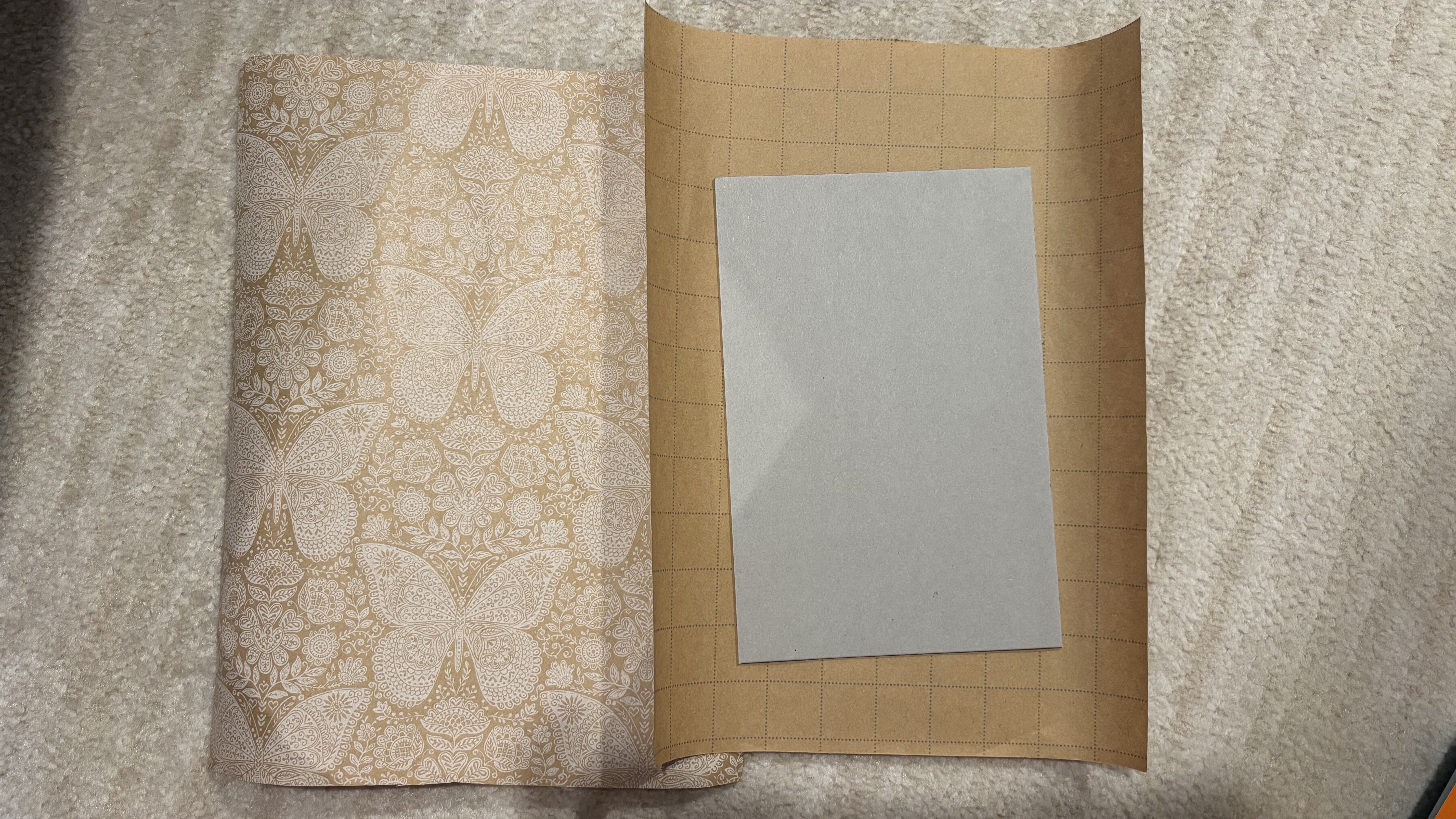 Cardboard placed on decorative paper to make a book cover